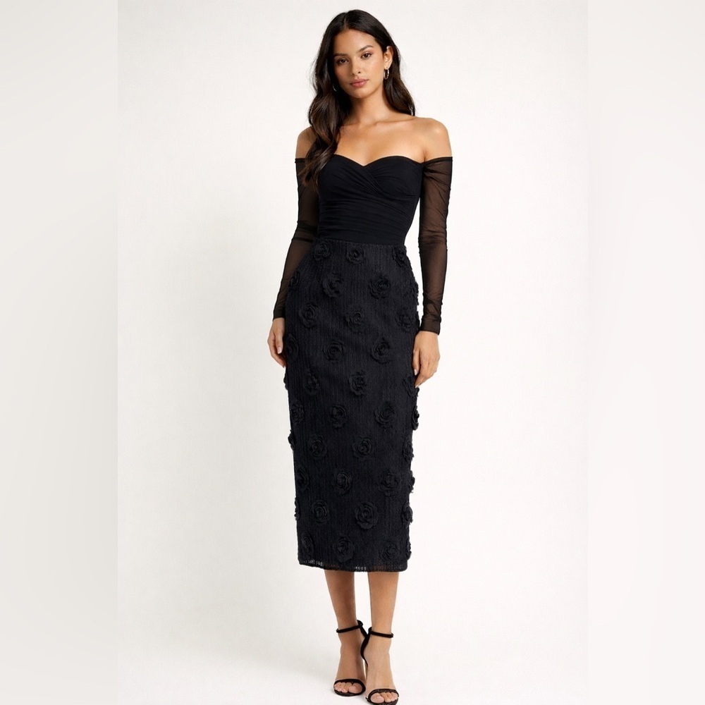 Bailey 44 Black 3D Rose Textured Midi Pencil Skirt Floral Appliqué Evening Med